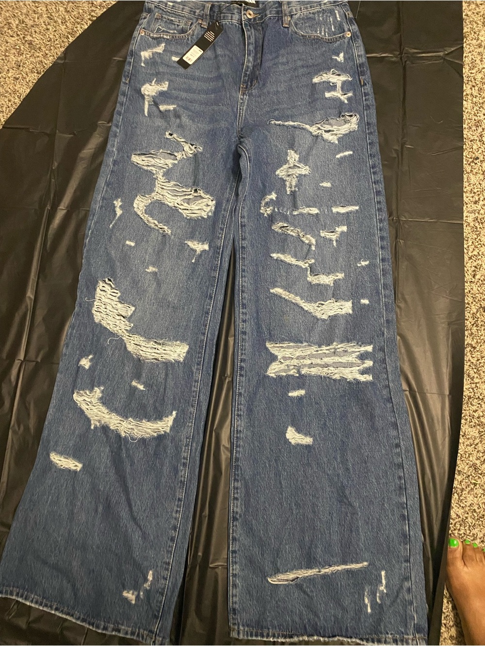 Distressed Wide-Leg Blue Denim Jeans